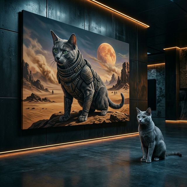 Desert Warrior Canvas room mockup; custom cat portrait canvas from photo in the Desert Warrior style; gray cat; proof before print.