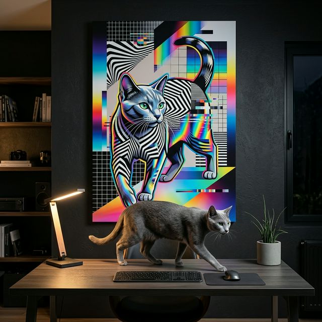 Neon Tech Pop Canvas room mockup; custom cat portrait canvas from photo in the Neon Tech Pop style; gray cat; proof before print.