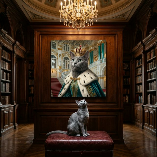 The Sovereign Canvas room mockup; custom cat portrait canvas from photo in the The Sovereign style; gray cat; proof before print.