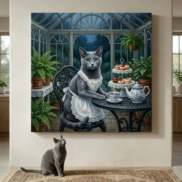 Cozy Kitchen Folk Canvas room mockup; custom cat portrait canvas from photo in the Cozy Kitchen Folk style; kitchen-themed; gray cat; proof before print.