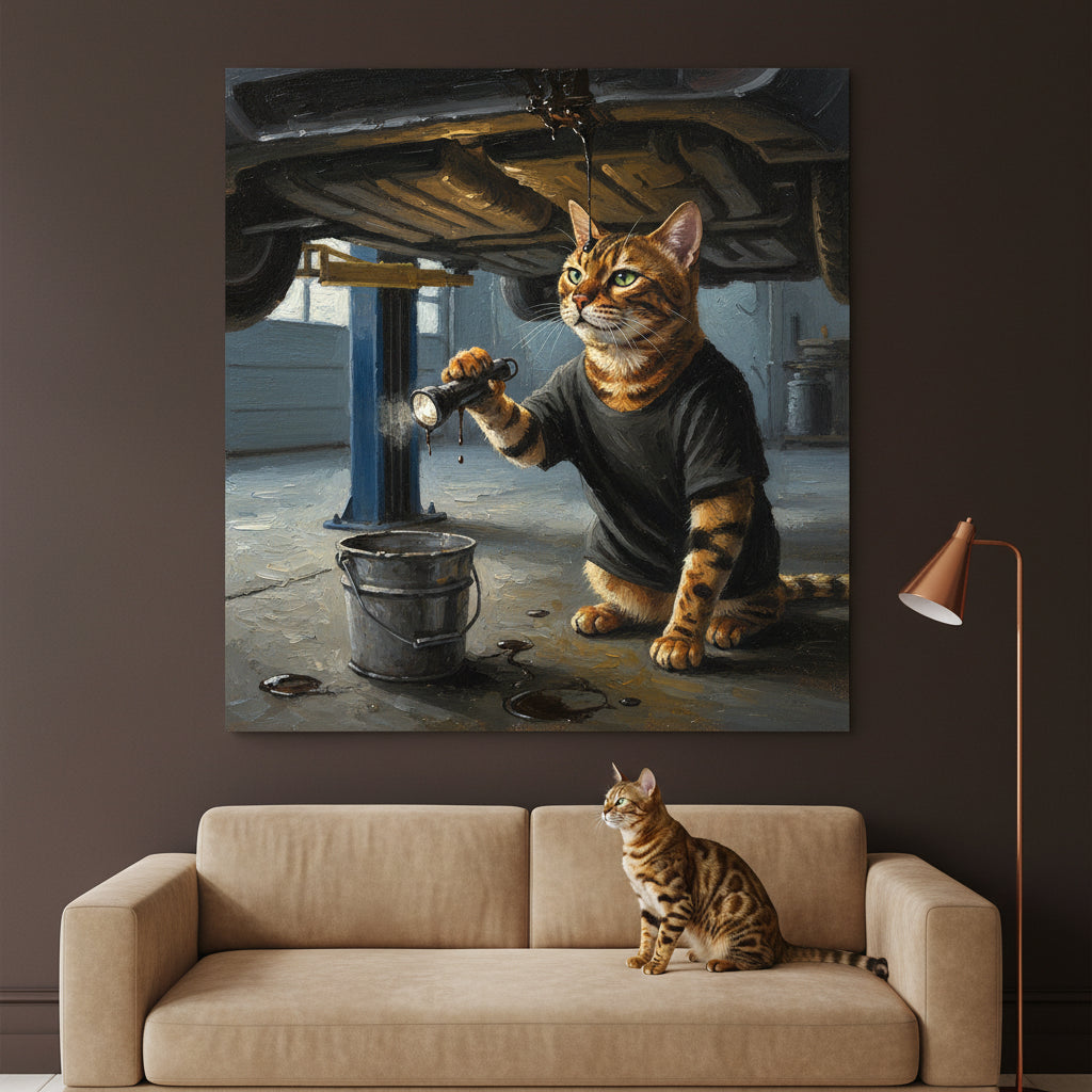 Scrap Cat Canvas room mockup; custom cat portrait canvas from photo in the Scrap Cat style; spotted tabby-like cat; proof before print.