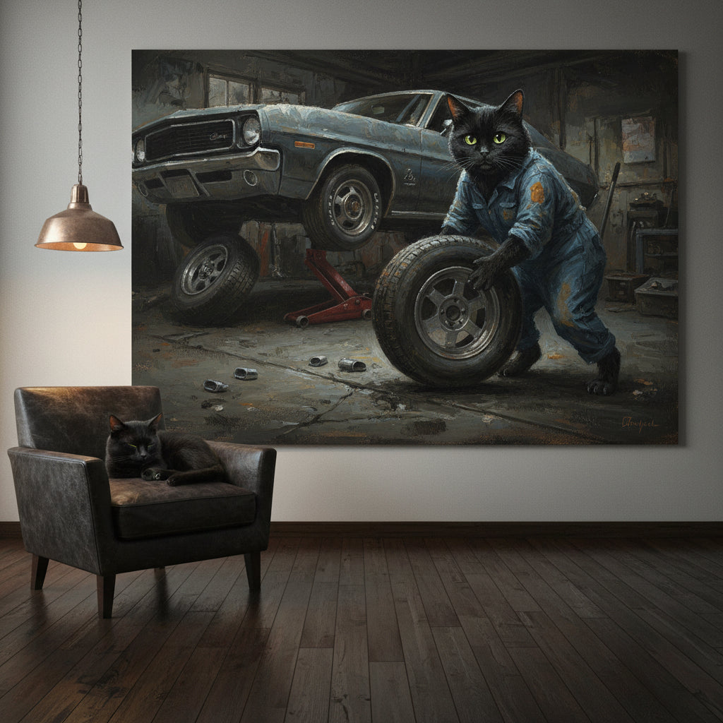 Scrap Cat Canvas room mockup; custom cat portrait canvas from photo in the Scrap Cat style; black cat; proof before print.