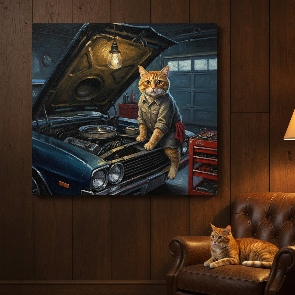 Scrap Cat Canvas room mockup; custom cat portrait canvas from photo in the Scrap Cat style; orange tabby cat; proof before print.