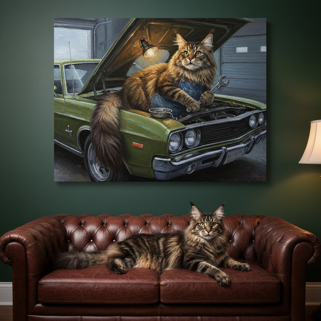 Scrap Cat Canvas room mockup; custom cat portrait canvas from photo in the Scrap Cat style; nature-themed; longhair cat; proof before print.