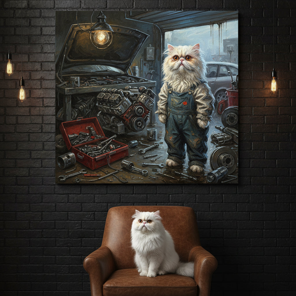 Scrap Cat Canvas room mockup; custom cat portrait canvas from photo in the Scrap Cat style; longhair cat; proof before print.