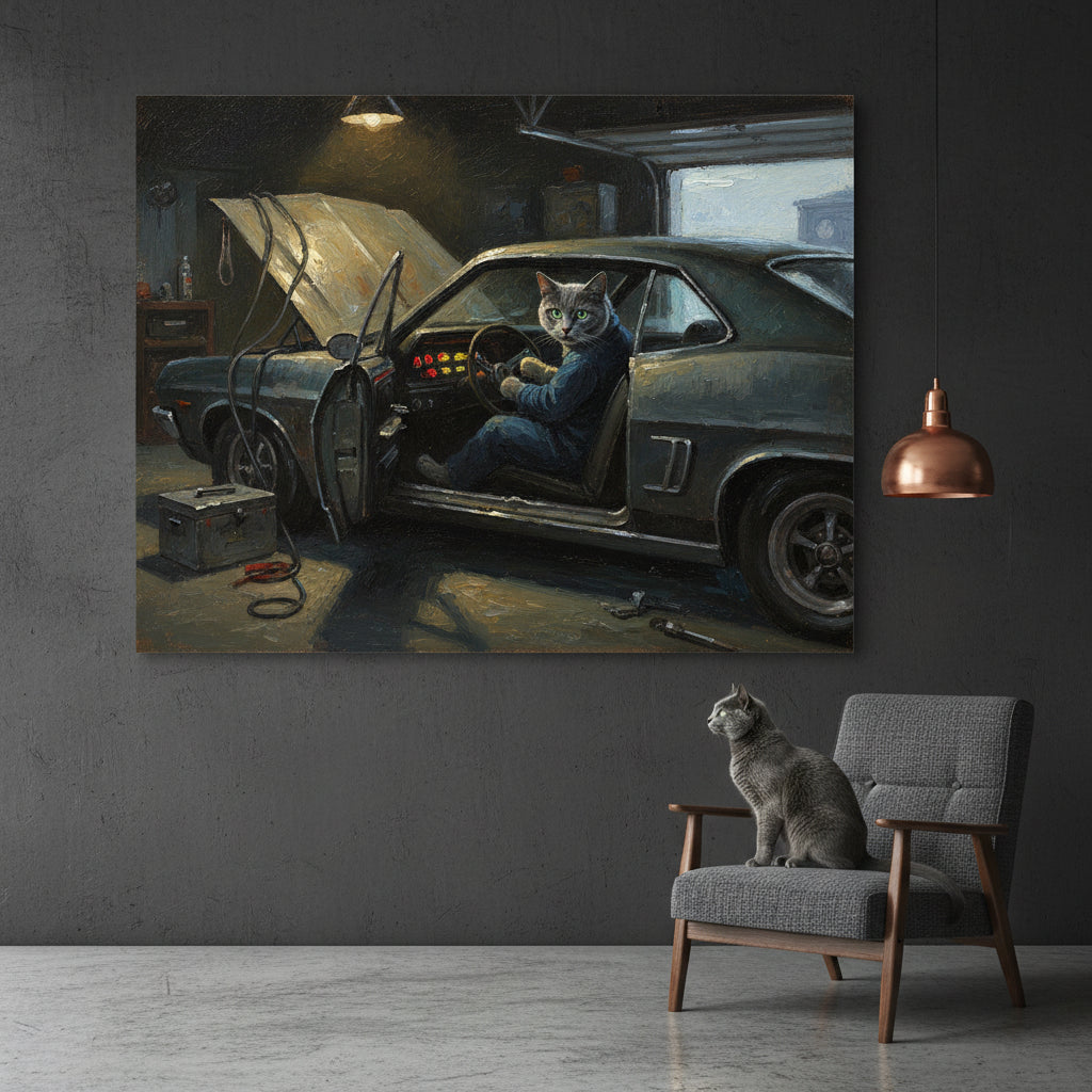 Scrap Cat Canvas room mockup; custom cat portrait canvas from photo in the Scrap Cat style; gray cat; proof before print.