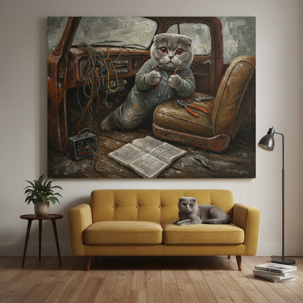 Scrap Cat Canvas room mockup; custom cat portrait canvas from photo in the Scrap Cat style; gray cat; proof before print.