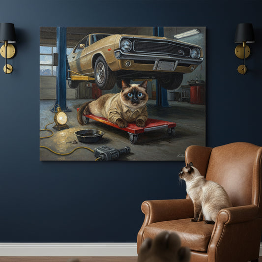Scrap Cat Canvas room mockup; custom cat portrait canvas from photo in the Scrap Cat style; pointed cat; proof before print.