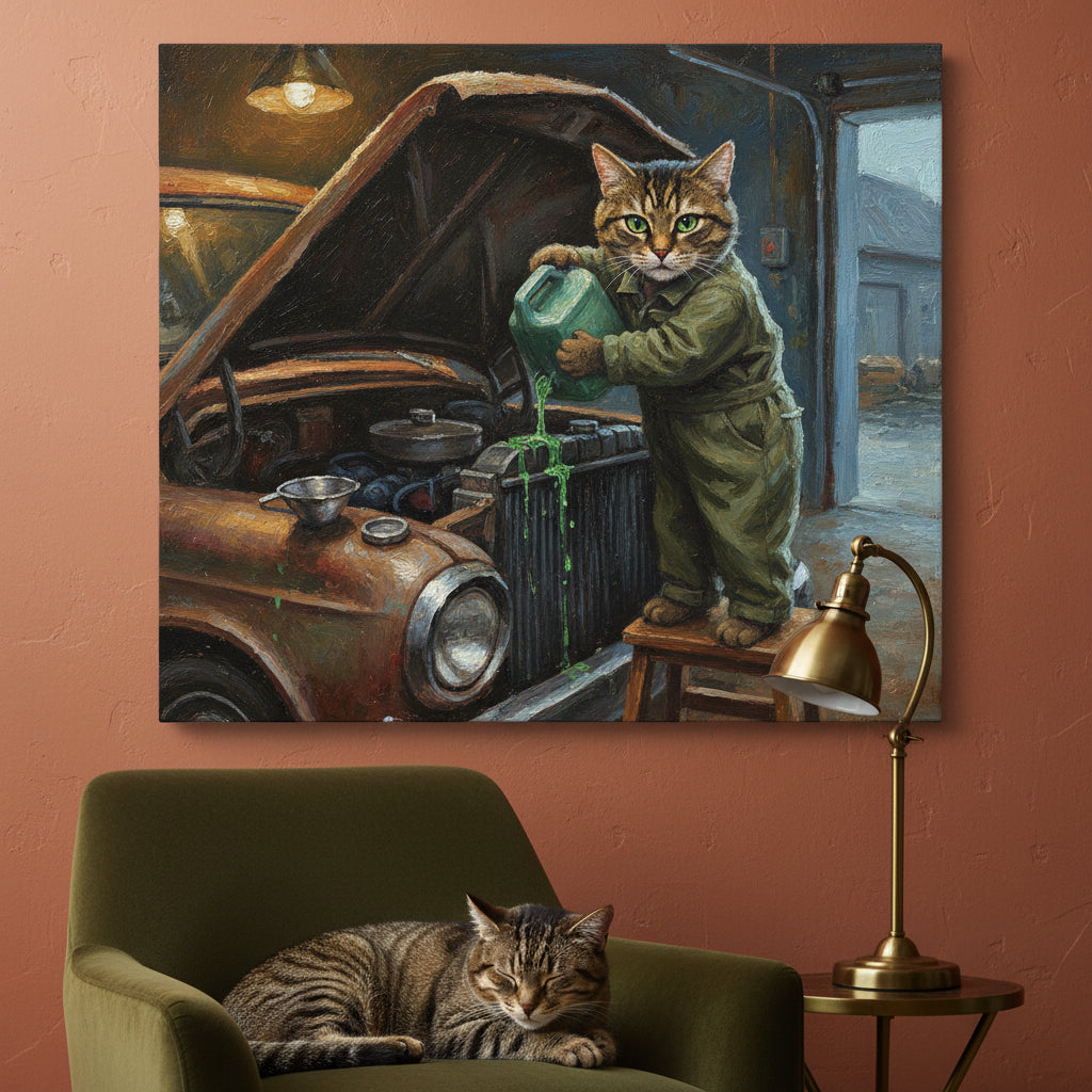 Scrap Cat Canvas room mockup; custom cat portrait canvas from photo in the Scrap Cat style; tabby cat; proof before print.