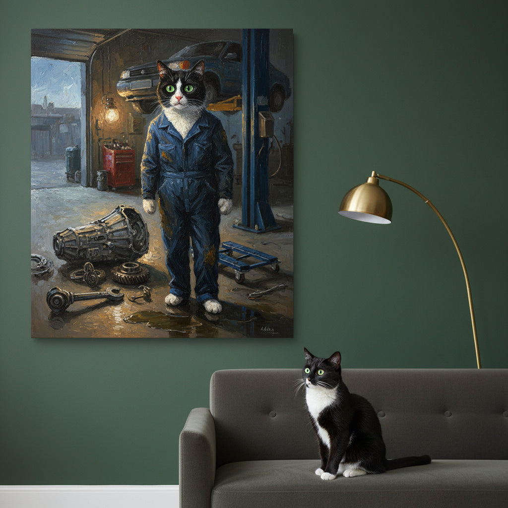 Scrap Cat Canvas room mockup; custom cat portrait canvas from photo in the Scrap Cat style; tuxedo cat; proof before print.