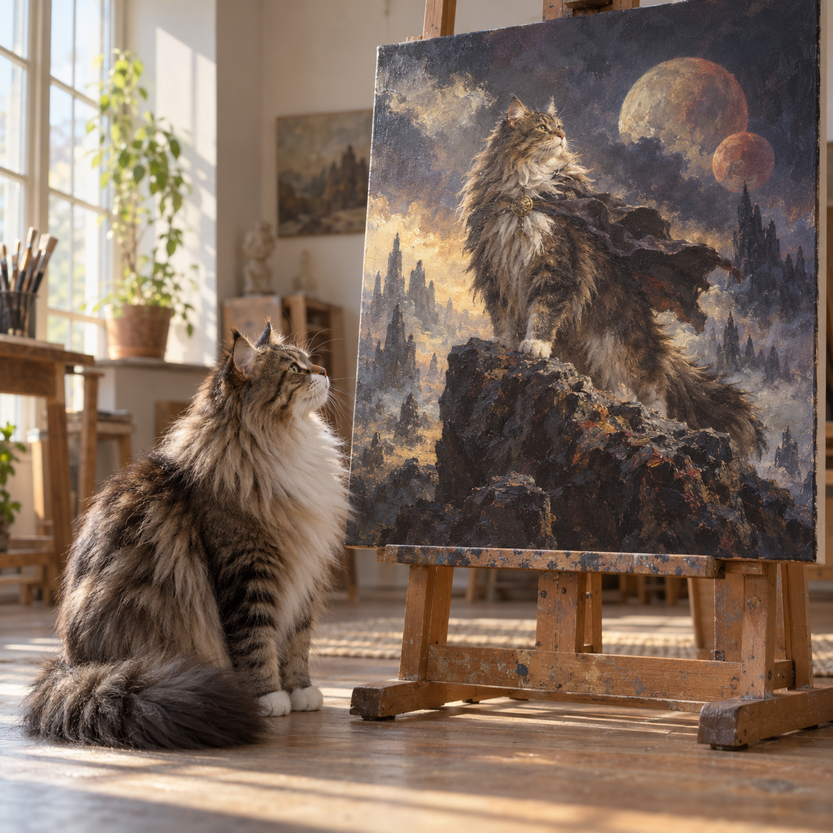 Norwegian forest cat cat beside its sci-fi fantasy style canvas portrait