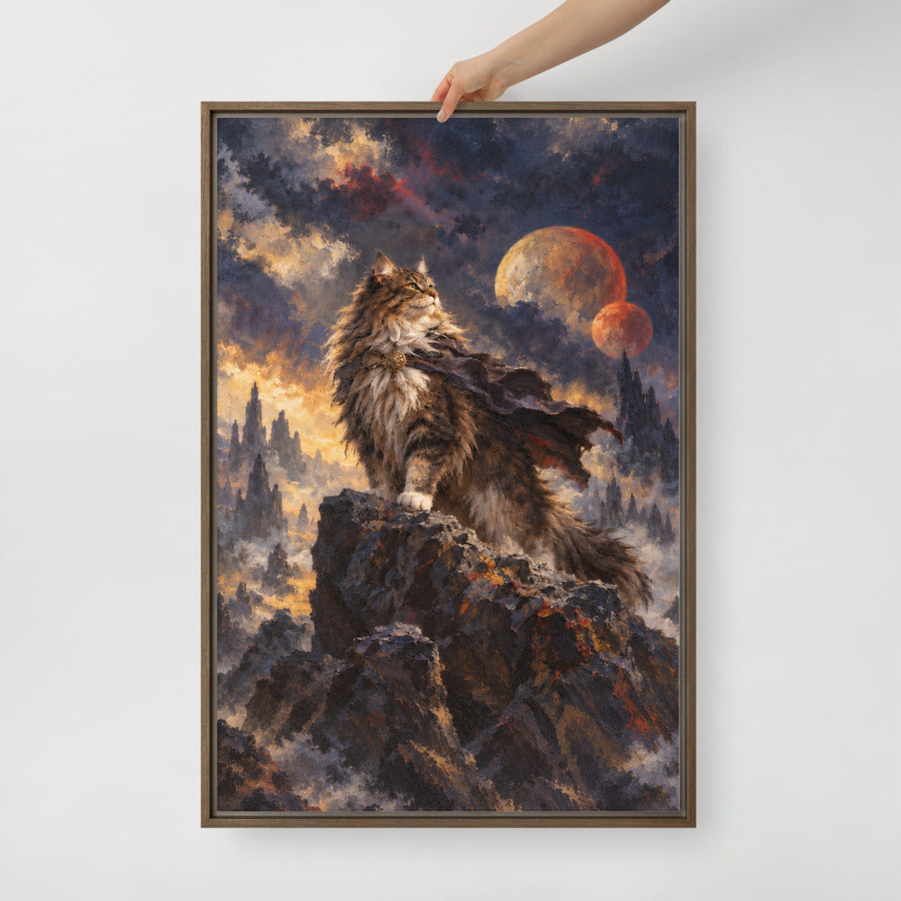 Sci-Fi Fantasy cat portrait canvas print, 24 x 36 in, in a brown floating frame
