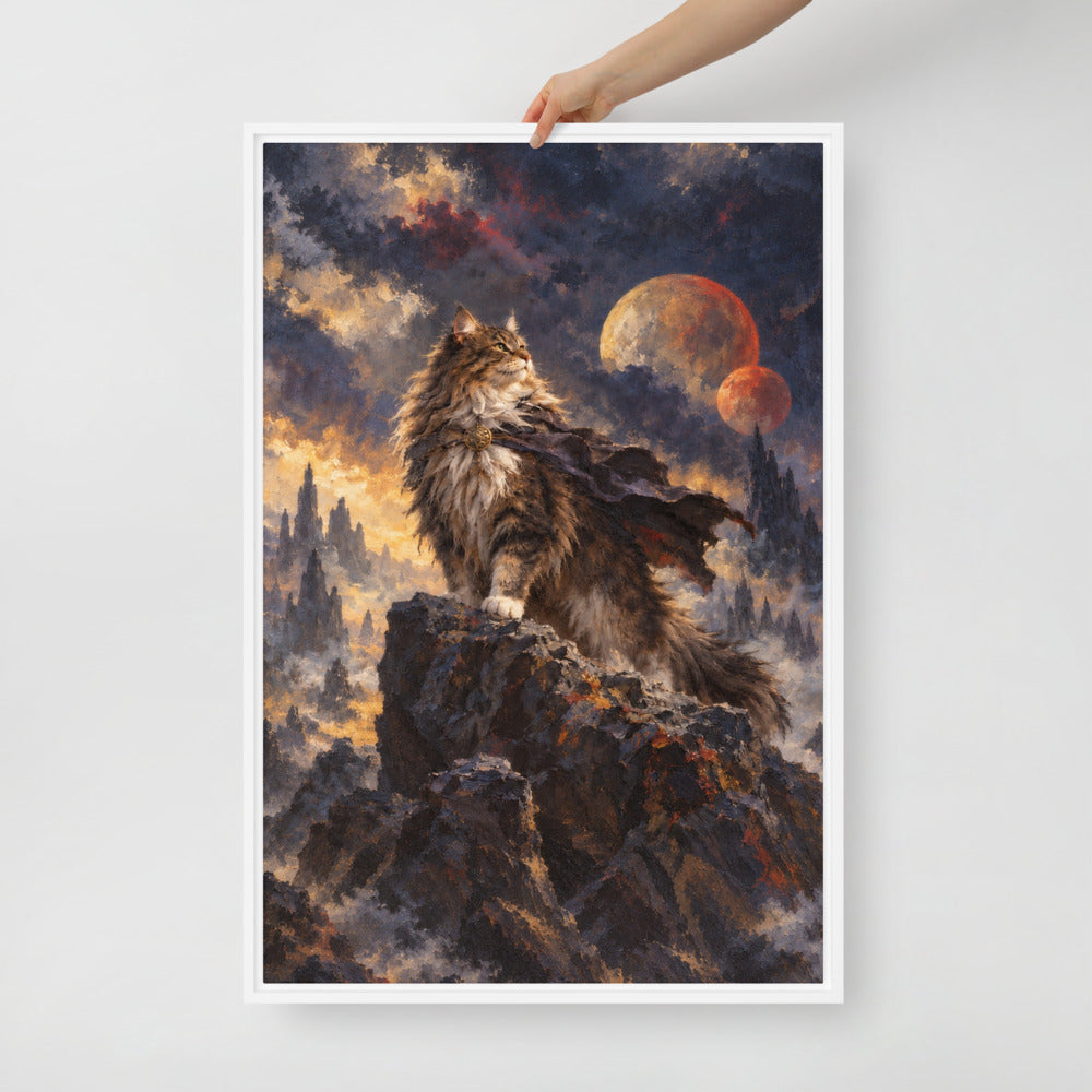 Sci-Fi Fantasy cat portrait canvas print, 24 x 36 in, in a white floating frame