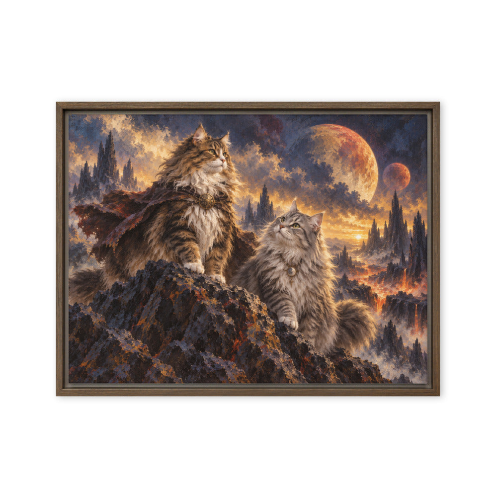 Sci-Fi Fantasy portrait of 2 cats, canvas print in a brown floating frame