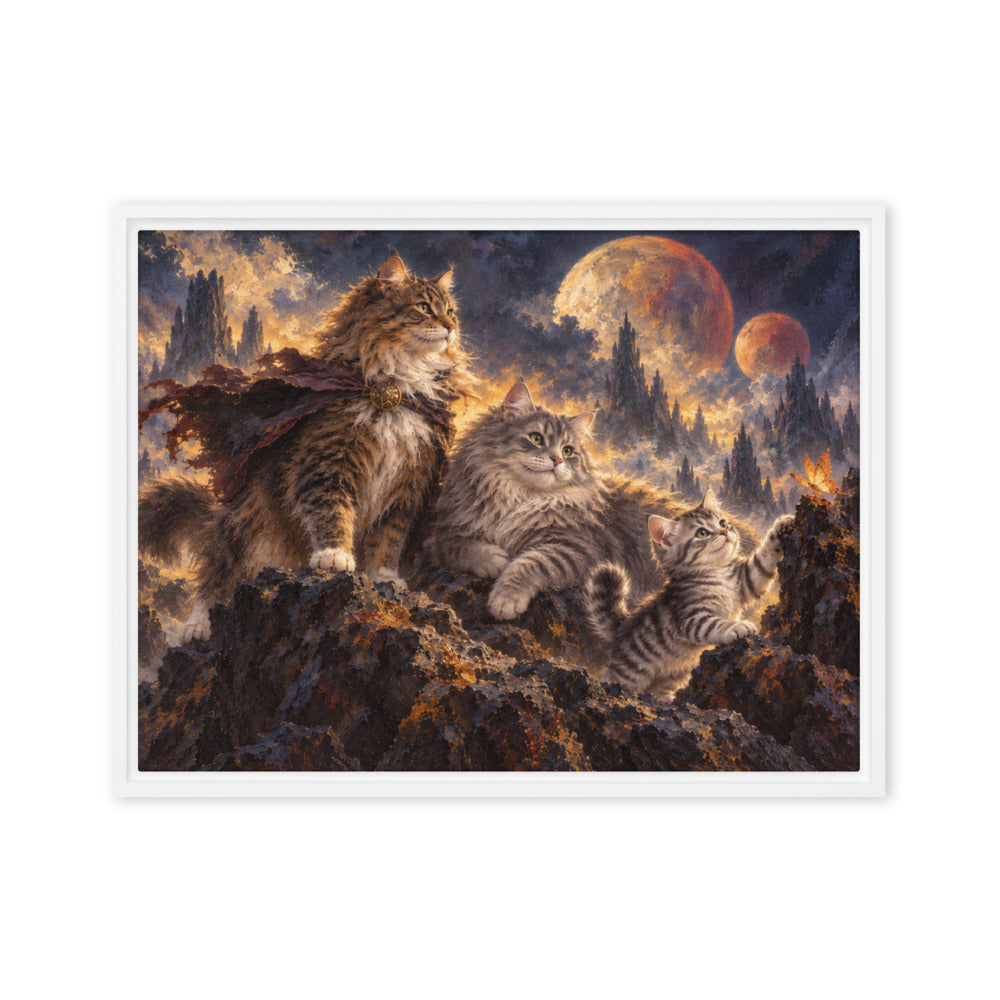 Sci-Fi Fantasy portrait of 3 cats, canvas print in a white floating frame