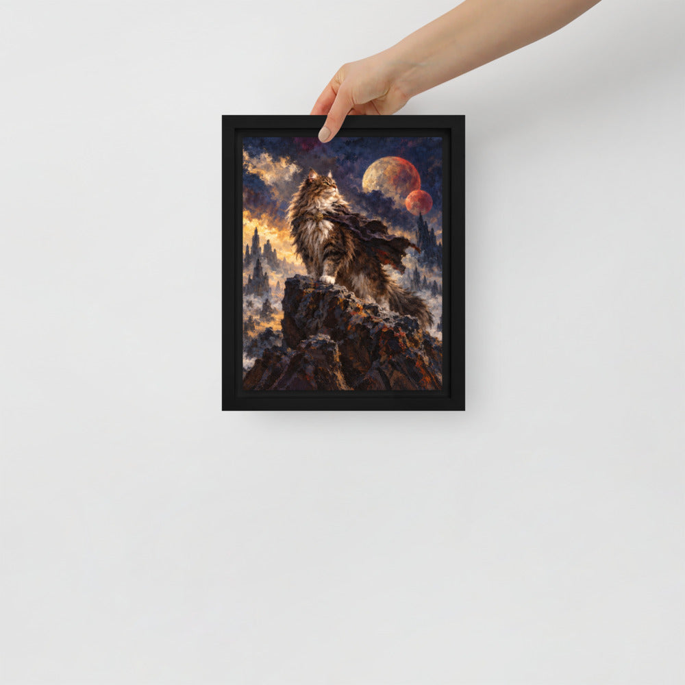 Sci-Fi Fantasy cat portrait canvas print, 8 x 10 in, in a black floating frame