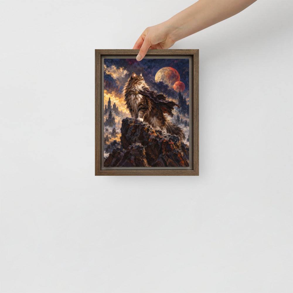 Sci-Fi Fantasy cat portrait canvas print, 8 x 10 in, in a brown floating frame