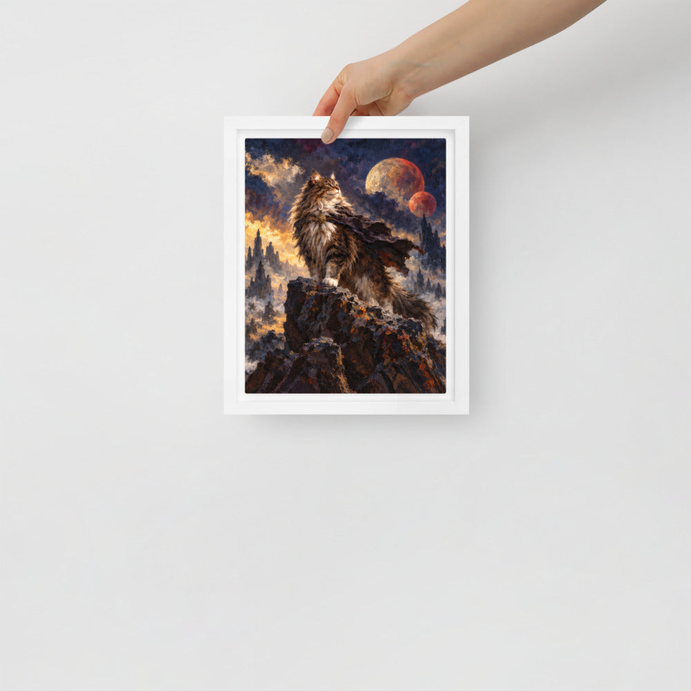 Sci-Fi Fantasy cat portrait canvas print, 8 x 10 in, in a white floating frame