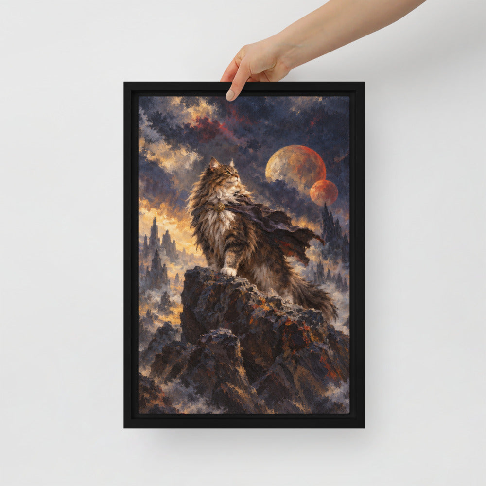 Sci-Fi Fantasy cat portrait canvas print, 12 x 18 in, in a black floating frame