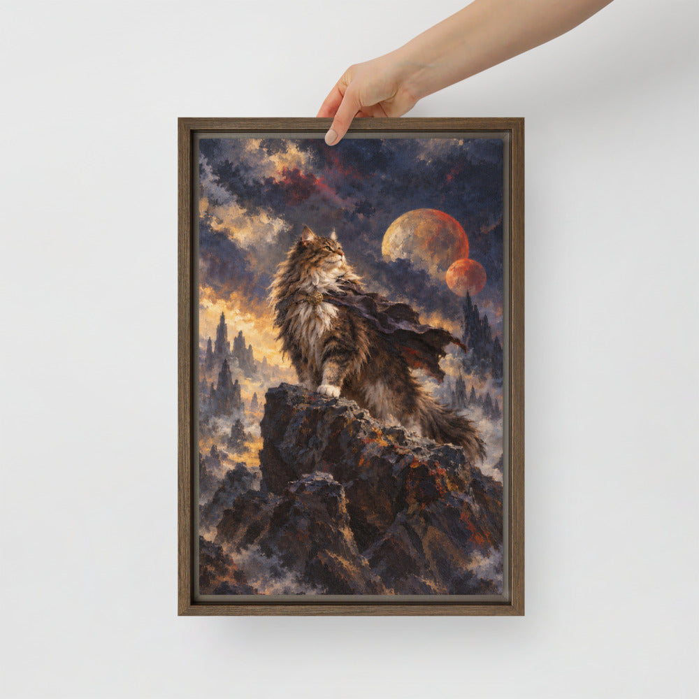 Sci-Fi Fantasy cat portrait canvas print, 12 x 18 in, in a brown floating frame