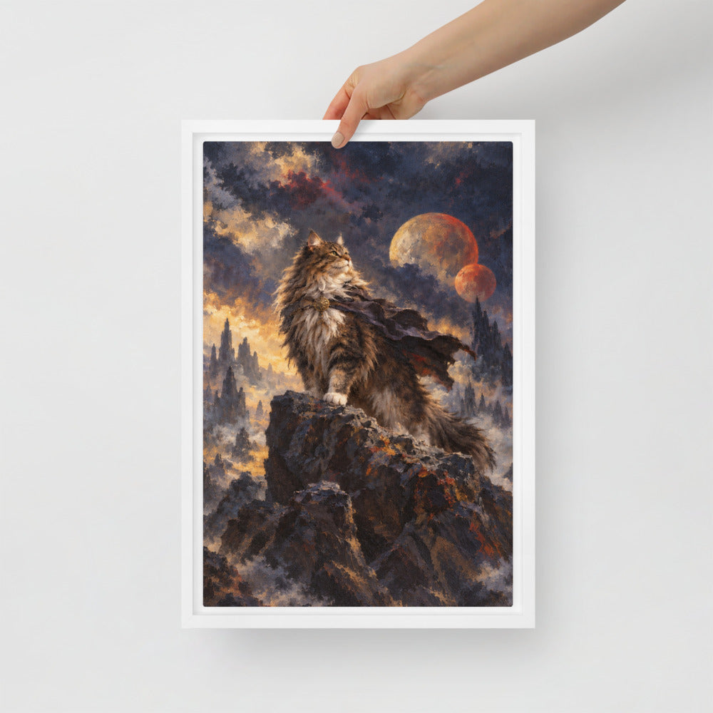Sci-Fi Fantasy cat portrait canvas print, 12 x 18 in, in a white floating frame