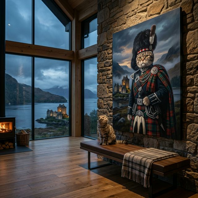 The Sovereign Canvas room mockup; custom cat portrait canvas from photo in the The Sovereign style; gray cat; proof before print.