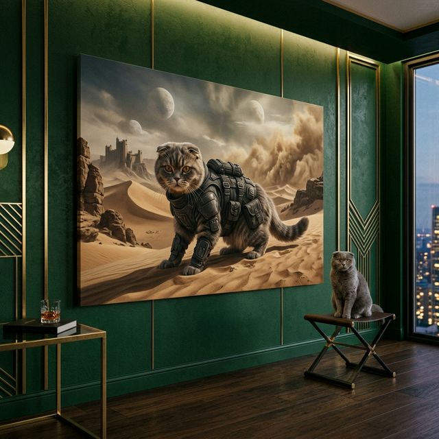 Desert Warrior Canvas room mockup; custom cat portrait canvas from photo in the Desert Warrior style; gray cat; proof before print.