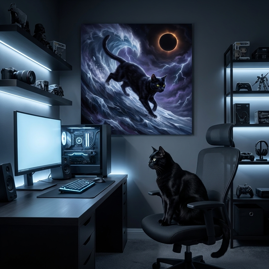 Shadow Realm Canvas room mockup; custom cat portrait canvas from photo in the Shadow Realm style; black cat; proof before print.