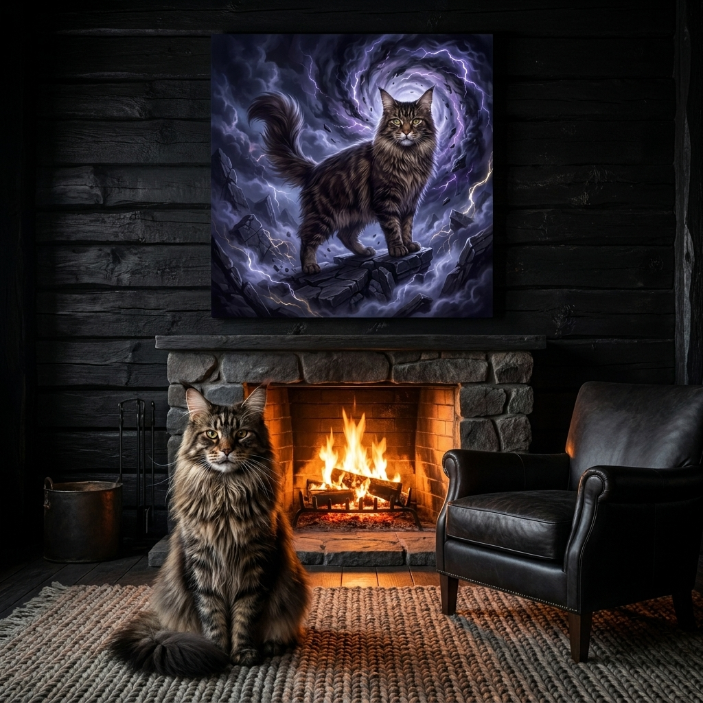 Shadow Realm Canvas room mockup; custom cat portrait canvas from photo in the Shadow Realm style; longhair cat; proof before print.