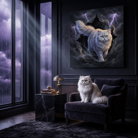 Shadow Realm Canvas room mockup; custom cat portrait canvas from photo in the Shadow Realm style; longhair cat; proof before print.