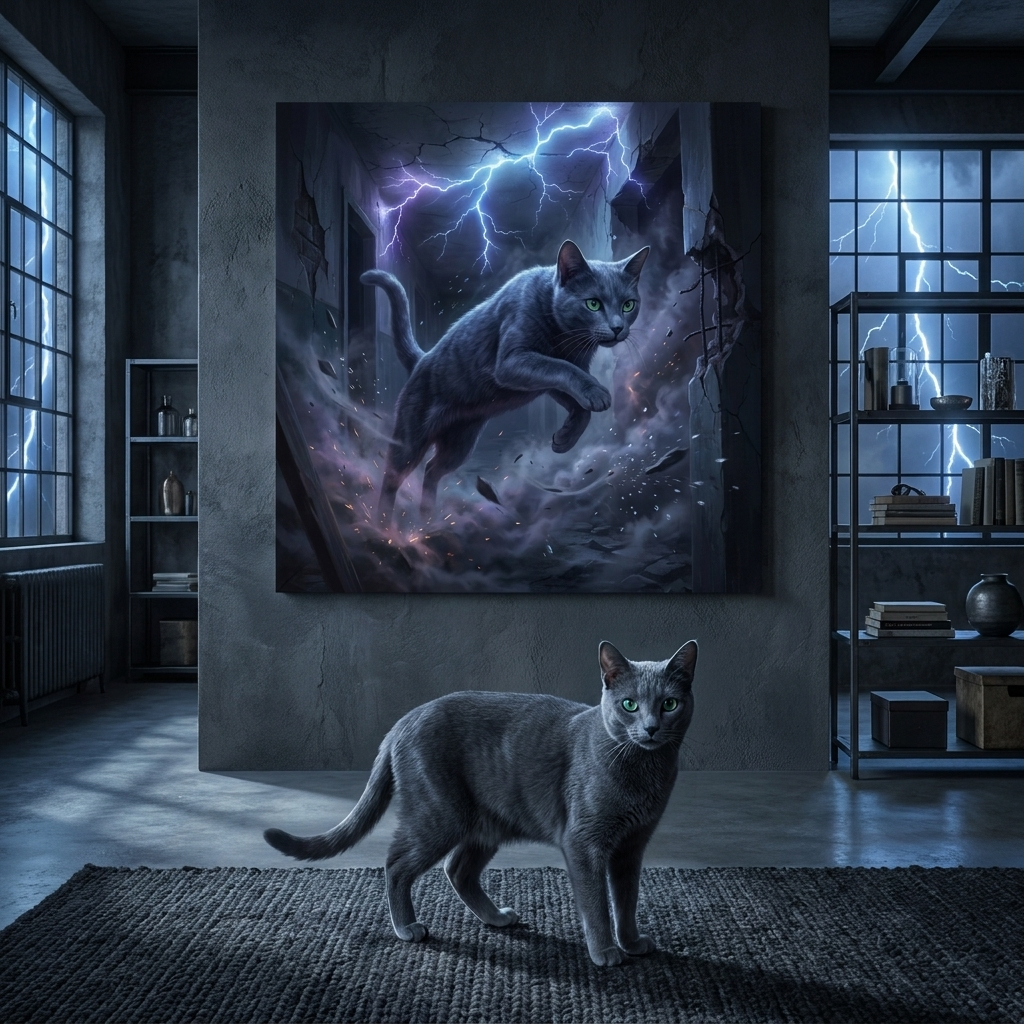 Shadow Realm Canvas room mockup; custom cat portrait canvas from photo in the Shadow Realm style; gray cat; proof before print.