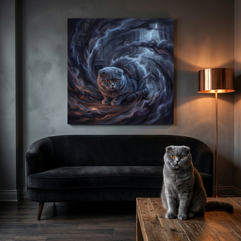 Shadow Realm Canvas room mockup; custom cat portrait canvas from photo in the Shadow Realm style; gray cat; proof before print.