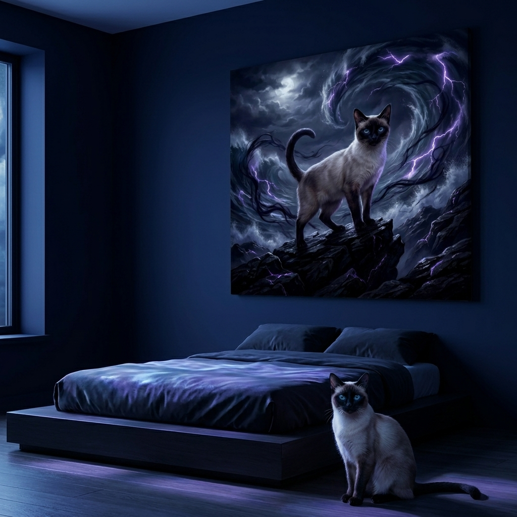 Shadow Realm Canvas room mockup; custom cat portrait canvas from photo in the Shadow Realm style; pointed cat; proof before print.