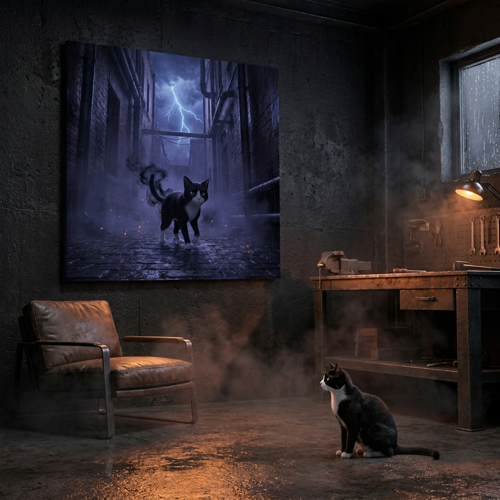 Shadow Realm Canvas room mockup; custom cat portrait canvas from photo in the Shadow Realm style; tuxedo cat; proof before print.
