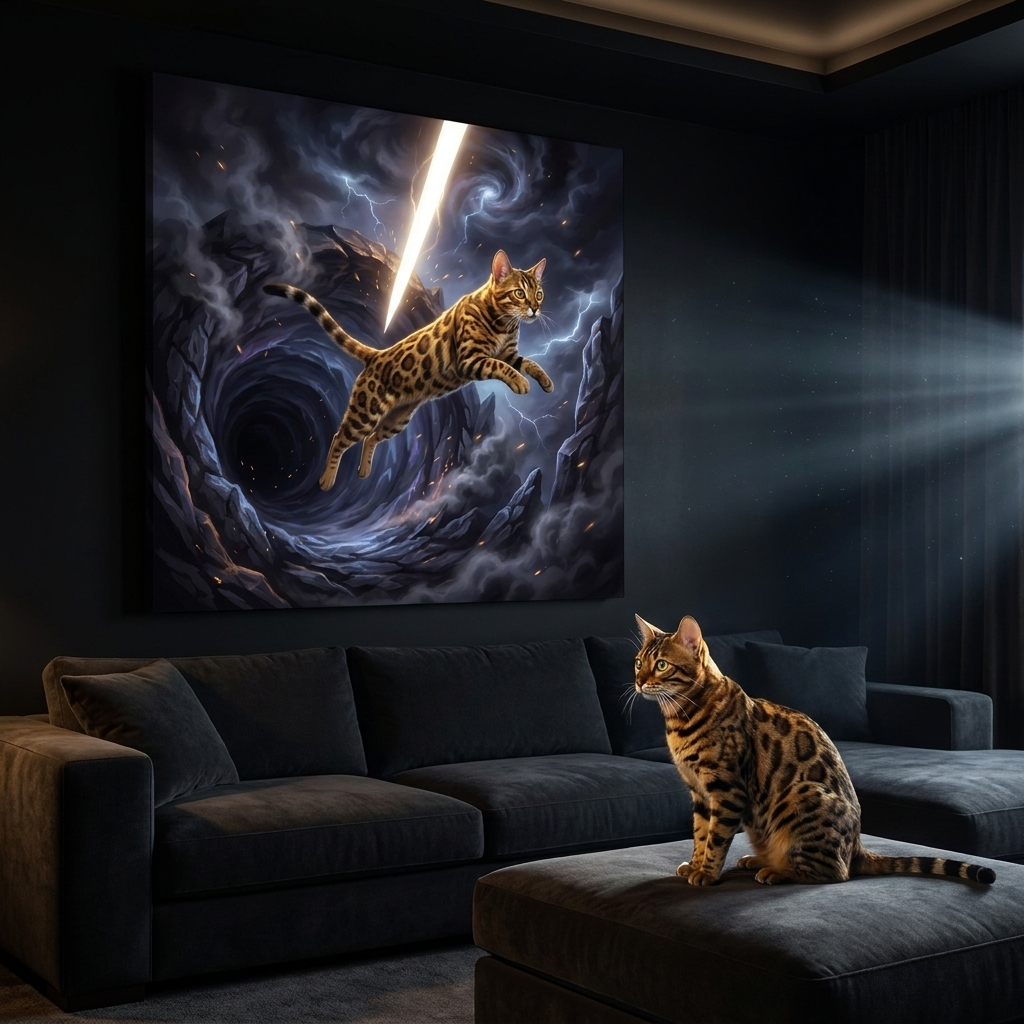 Shadow Realm Canvas room mockup; custom cat portrait canvas from photo in the Shadow Realm style; spotted tabby-like cat; proof before print.