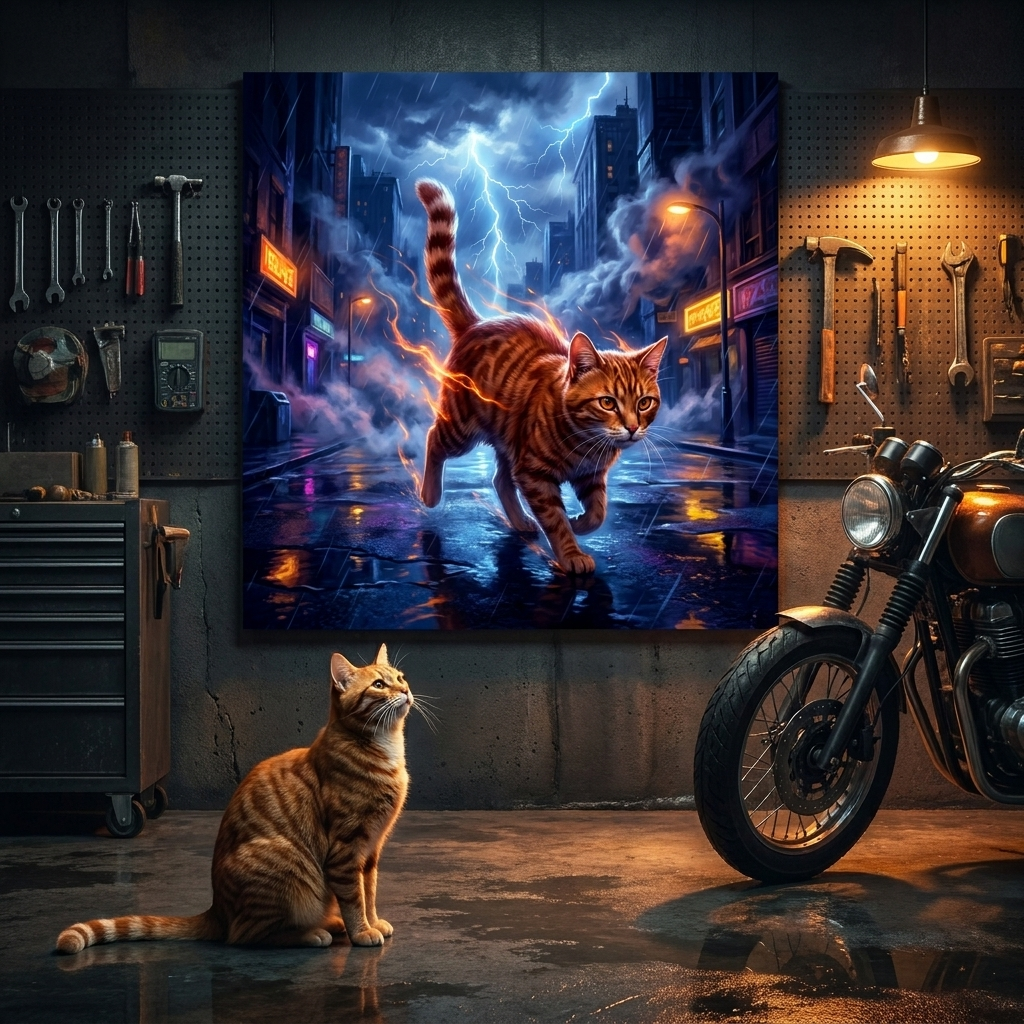 Shadow Realm Canvas room mockup; custom cat portrait canvas from photo in the Shadow Realm style; orange tabby cat; proof before print.