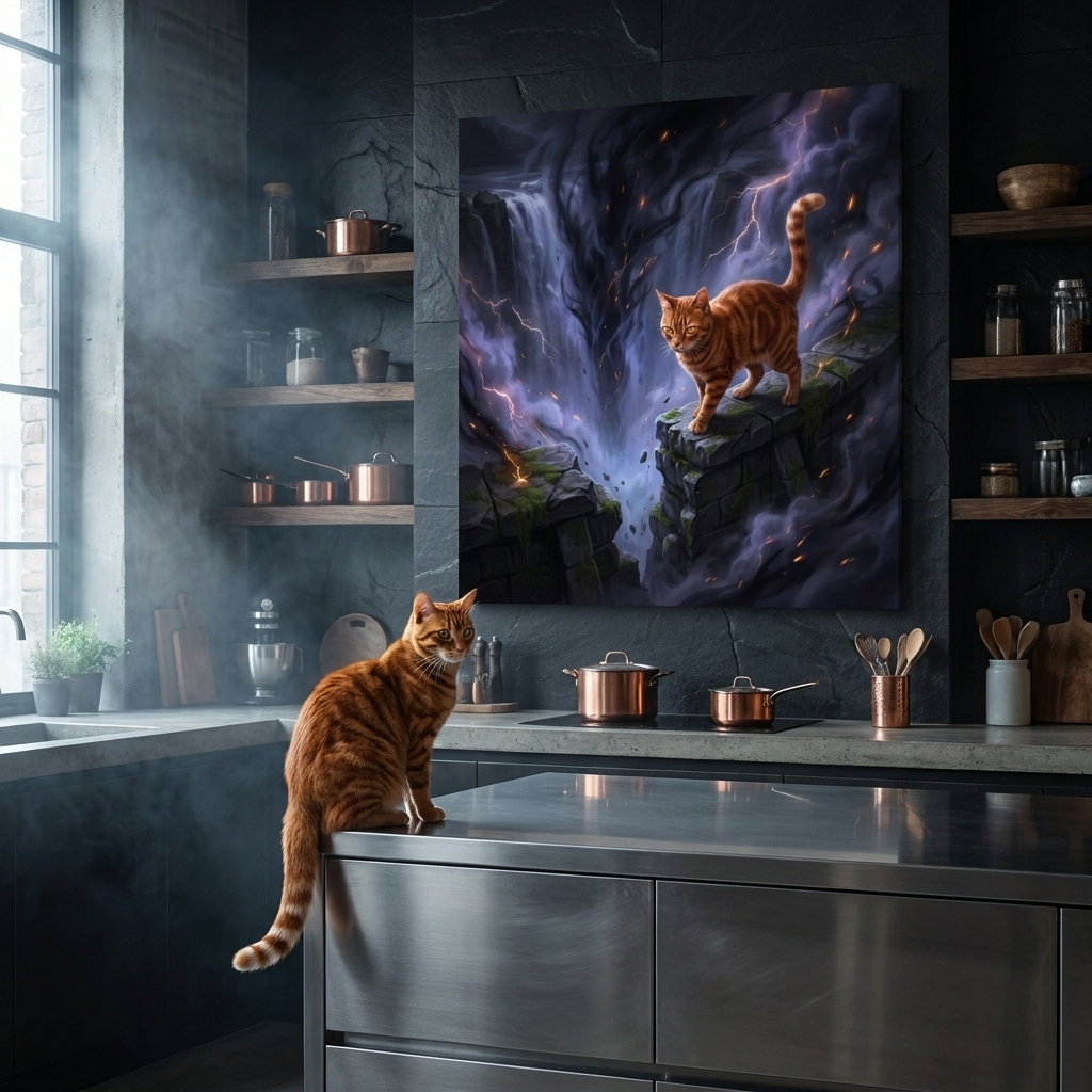 Shadow Realm Canvas room mockup; custom cat portrait canvas from photo in the Shadow Realm style; kitchen-themed; orange tabby cat; proof before print.
