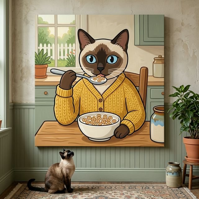 Cozy Kitchen Folk Canvas room mockup; custom cat portrait canvas from photo in the Cozy Kitchen Folk style; kitchen-themed; pointed cat; proof before print.