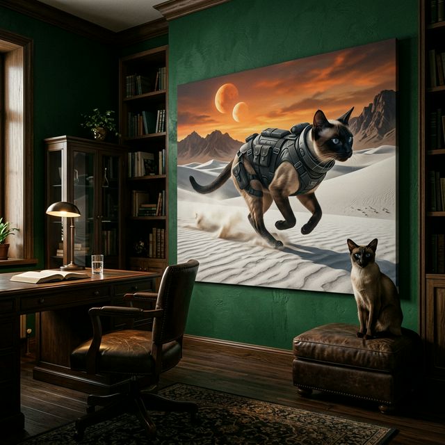 Desert Warrior Canvas room mockup; custom cat portrait canvas from photo in the Desert Warrior style; pointed cat; proof before print.