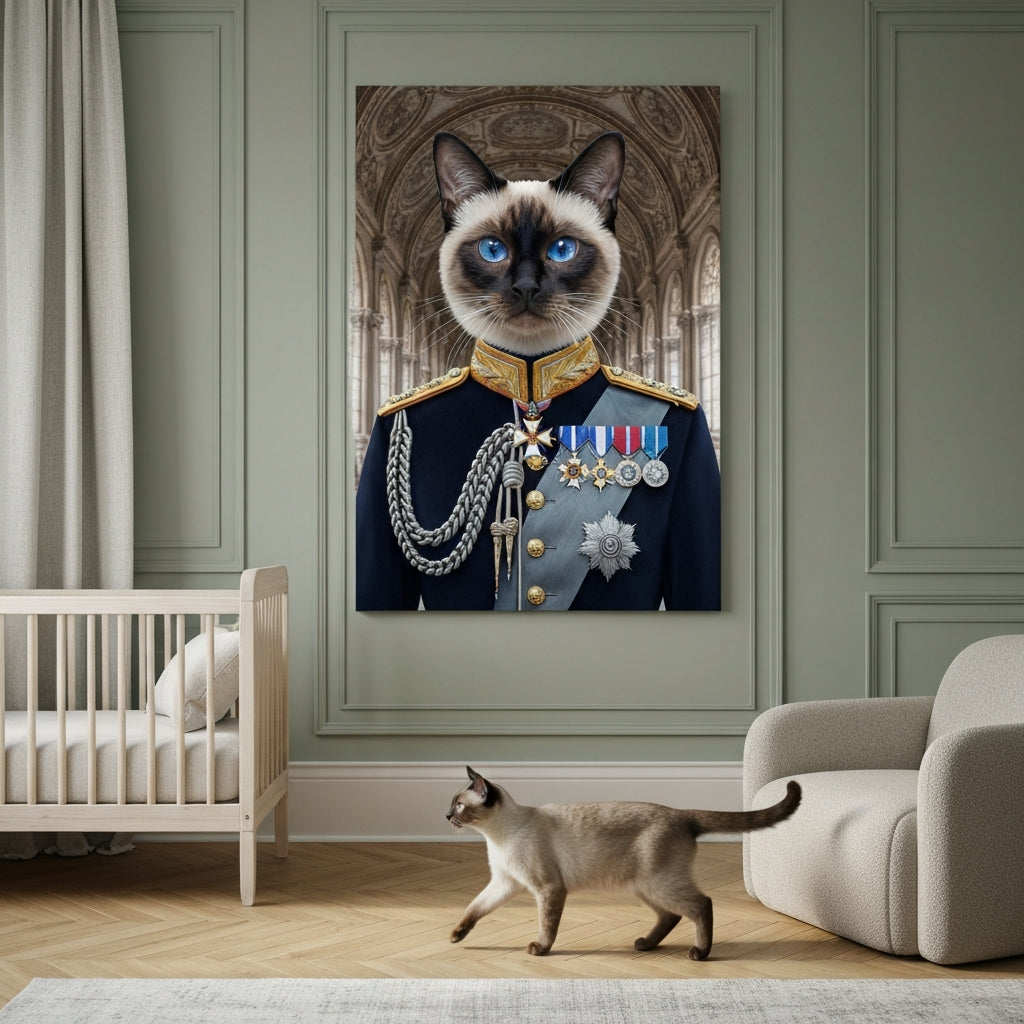 The Sovereign Canvas room mockup; custom cat portrait canvas from photo in the The Sovereign style; pointed cat; proof before print.