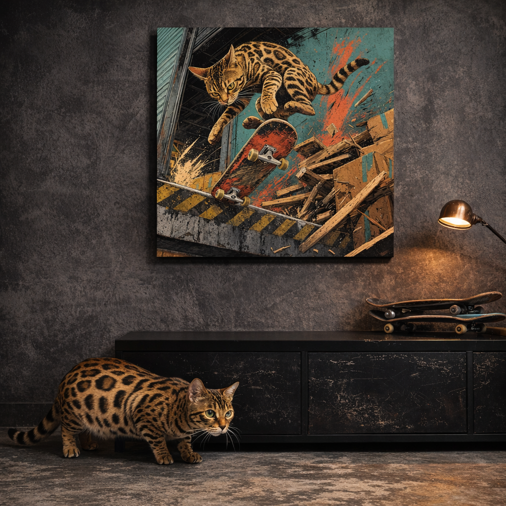 Skate Deck Canvas room mockup; custom cat portrait canvas from photo in the Skate Deck style; skate-themed; spotted tabby-like cat; proof before print.