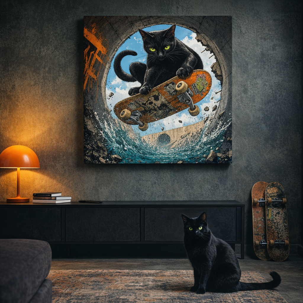 Skate Deck Canvas room mockup; custom cat portrait canvas from photo in the Skate Deck style; skate-themed; black cat; proof before print.