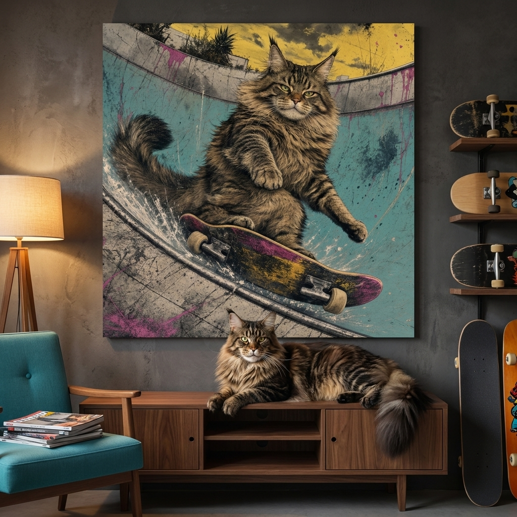 Skate Deck Canvas room mockup; custom cat portrait canvas from photo in the Skate Deck style; skate-themed; longhair cat; proof before print.