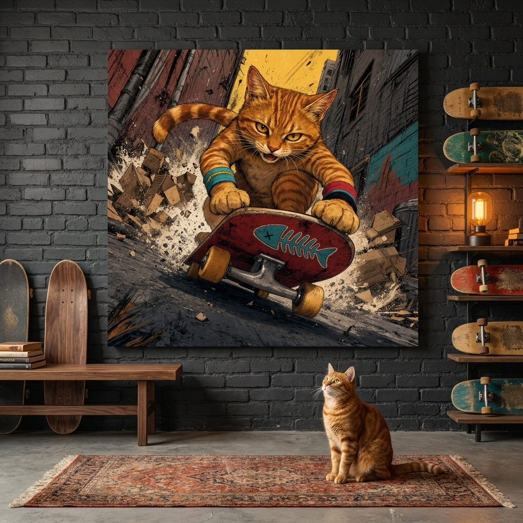 Skate Deck Canvas room mockup; custom cat portrait canvas from photo in the Skate Deck style; skate-themed; orange tabby cat; proof before print.