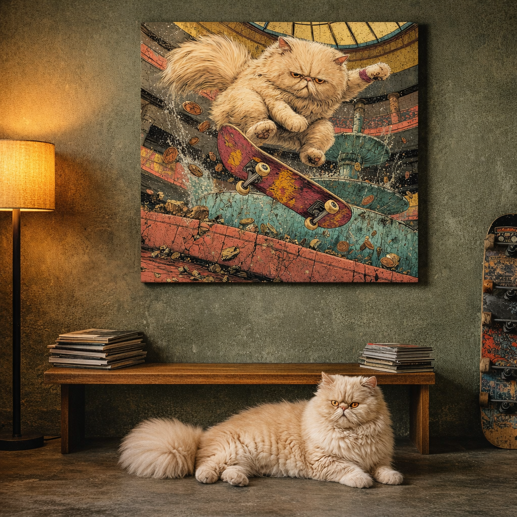 Skate Deck Canvas room mockup; custom cat portrait canvas from photo in the Skate Deck style; skate-themed; longhair cat; proof before print.