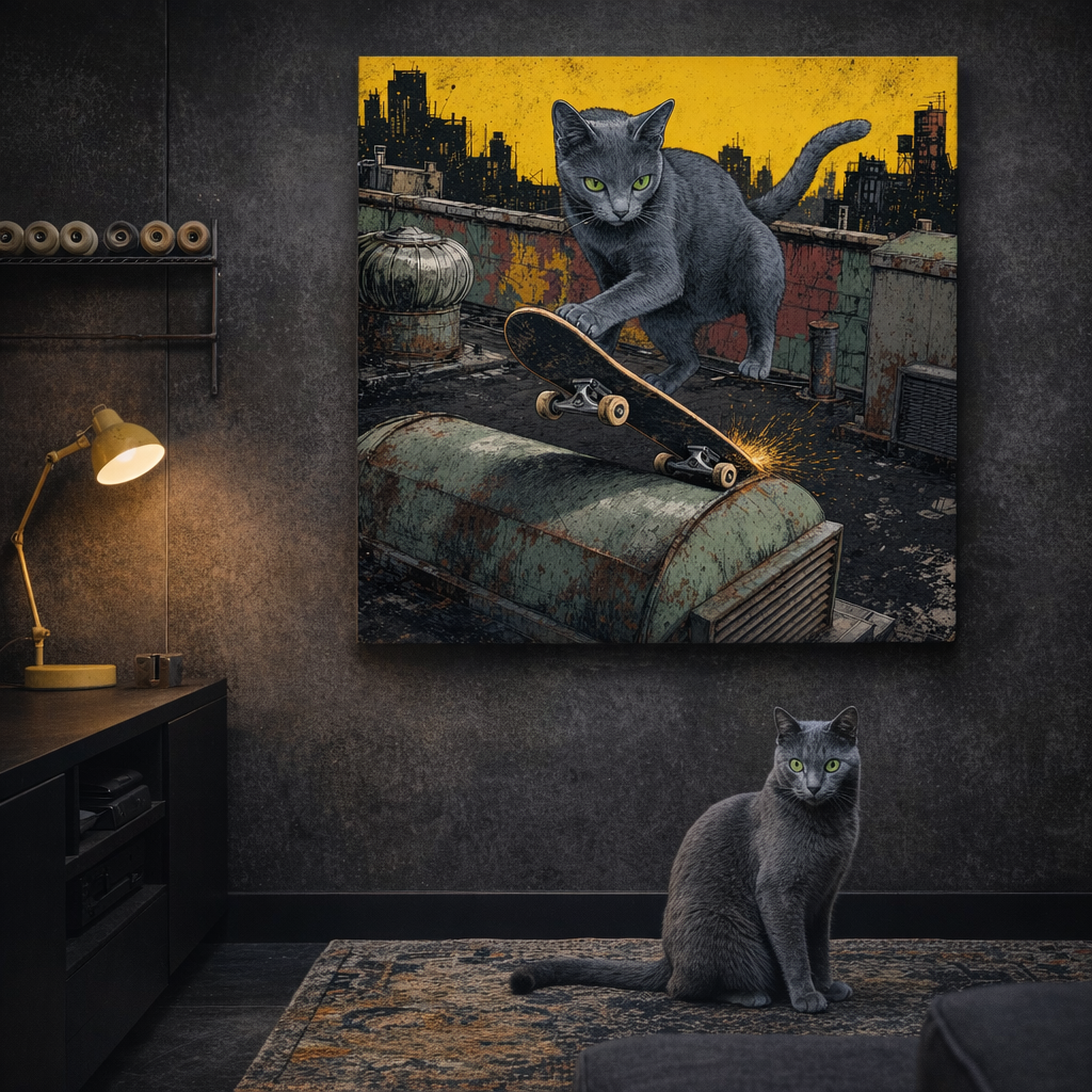 Skate Deck Canvas room mockup; custom cat portrait canvas from photo in the Skate Deck style; skate-themed; gray cat; proof before print.