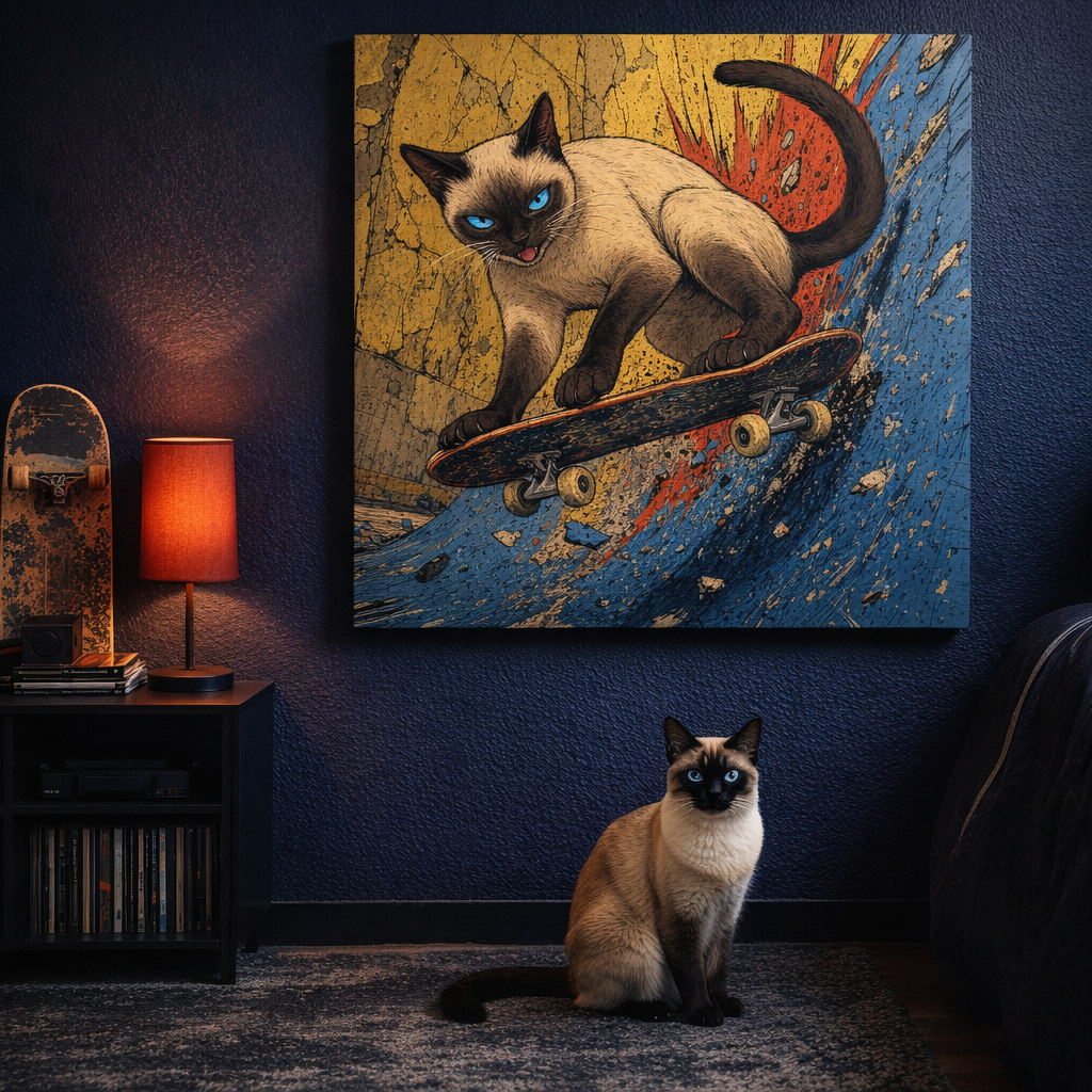 Skate Deck Canvas room mockup; custom cat portrait canvas from photo in the Skate Deck style; skate-themed; pointed cat; proof before print.