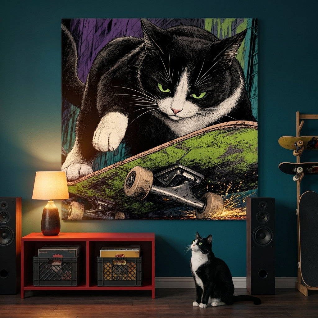 Skate Deck Canvas room mockup; custom cat portrait canvas from photo in the Skate Deck style; skate-themed; tuxedo cat; proof before print.