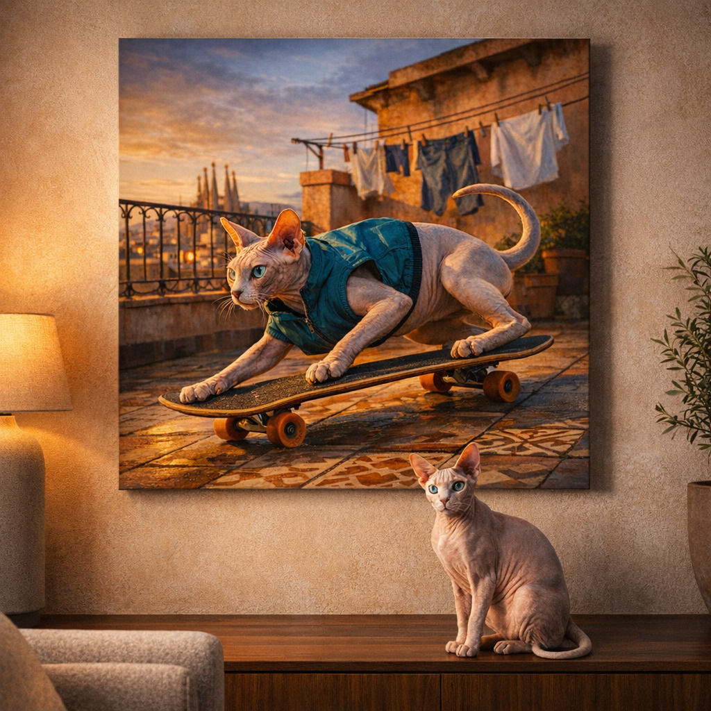 Skater Kids Canvas room mockup; custom cat portrait canvas from photo in the Skater Kids style; skate-themed; hairless cat; proof before print.
