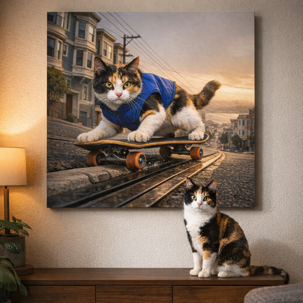Skater Kids Canvas room mockup; custom cat portrait canvas from photo in the Skater Kids style; skate-themed; calico cat; proof before print.